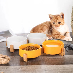 Ceramic Pet Bowl with Wood Stand - GoPoofy