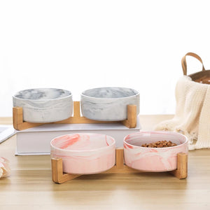 Ceramic Pet Bowl with Wood Stand - GoPoofy