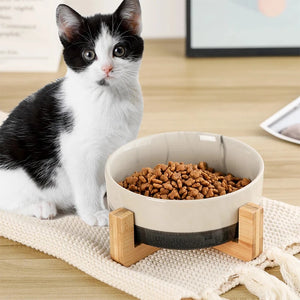 Ceramic Pet Bowl with Wood Stand - GoPoofy