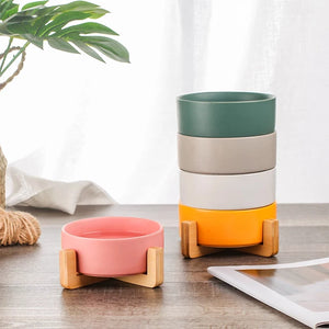 Ceramic Pet Bowl with Wood Stand - GoPoofy