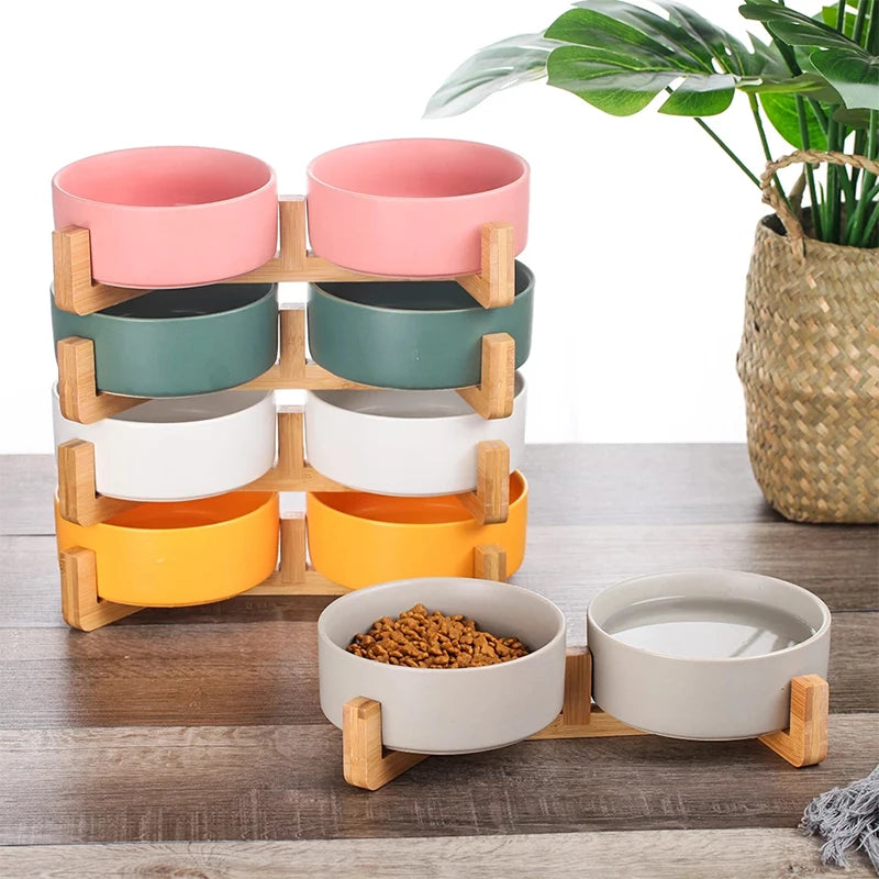 Ceramic Pet Bowl with Wood Stand - GoPoofy