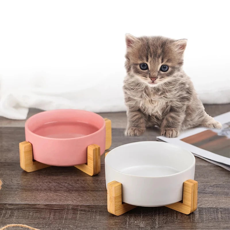 Ceramic Pet Bowl with Wood Stand - GoPoofy